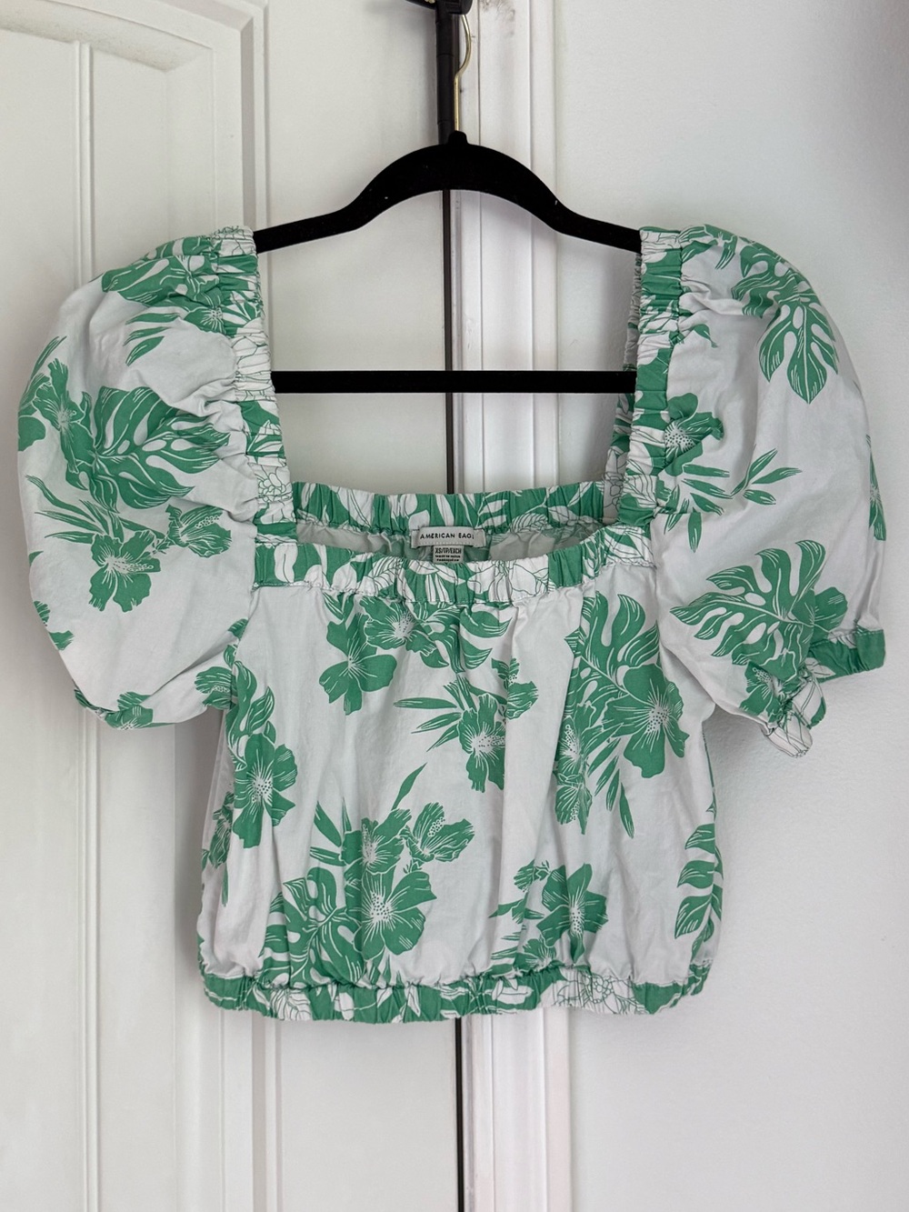 American Eagle Outfitters White Crop Top with Green Floral Print